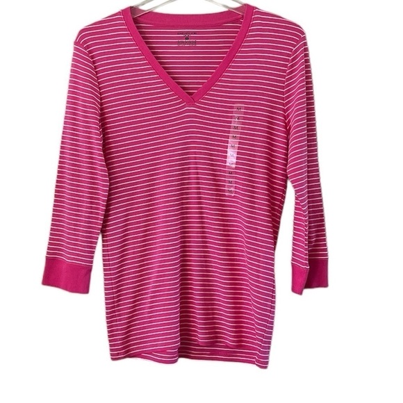 NWOT Jones New York Sport V Neck Pull Over Pink White Stripes Size Medium - Picture 1 of 12
